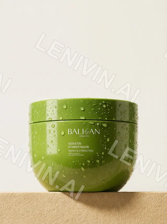 Зелёная баночка Balisan Keratin Power Mask в каплях воды на песочной подставке
