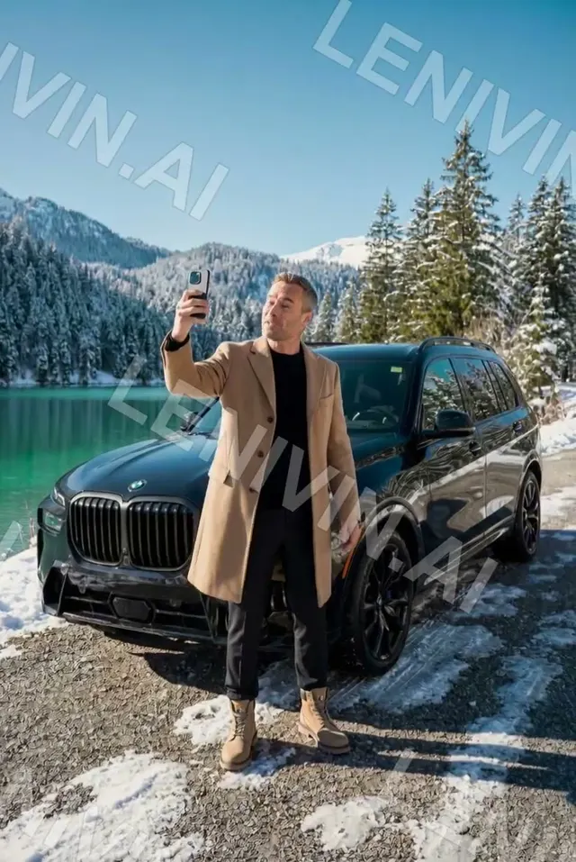 Ролик: мужчина делает селфи у чёрного BMW X7 на берегу бирюзового озера, снег и ели