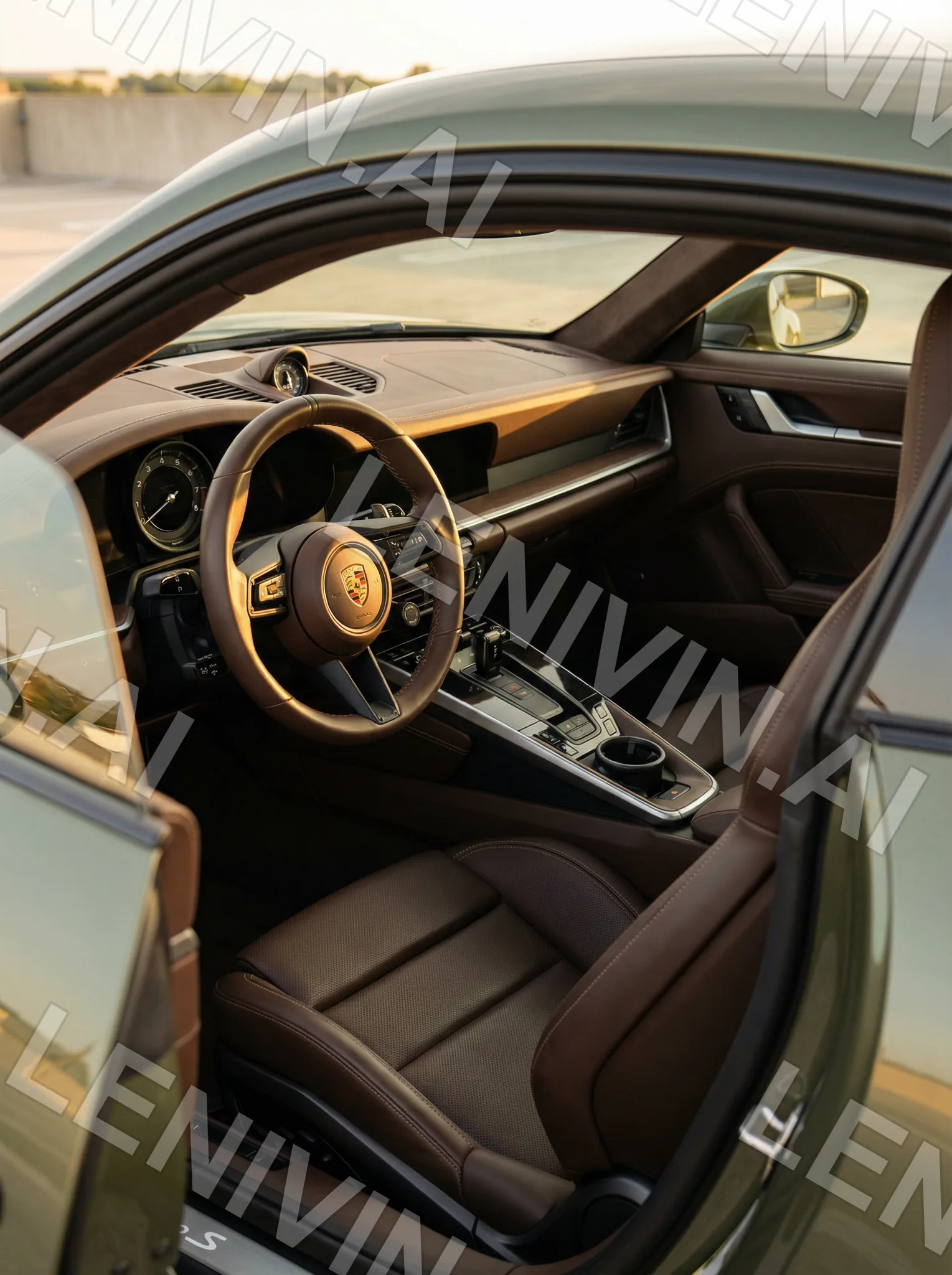 Салон Porsche с коричневой кожей и рулём через открытую дверь