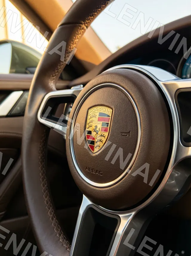 Руль Porsche с эмблемой в коричневом салоне, окно с видом на улицу