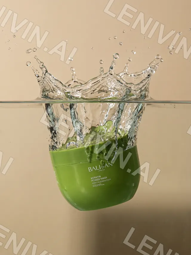 Зелёная банка Balisan Power Mask падает в воду, вокруг брызги и водоросли, бежевый фон