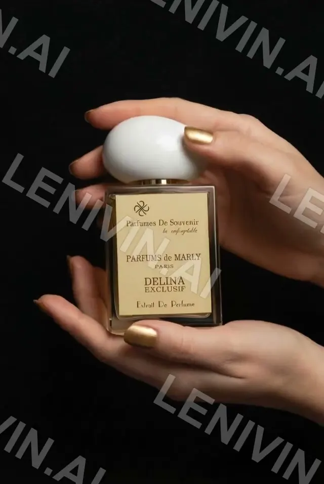 Ролик: руки с золотым маникюром держат флакон Parfums de Marly Delina с белой крышкой на чёрном фоне