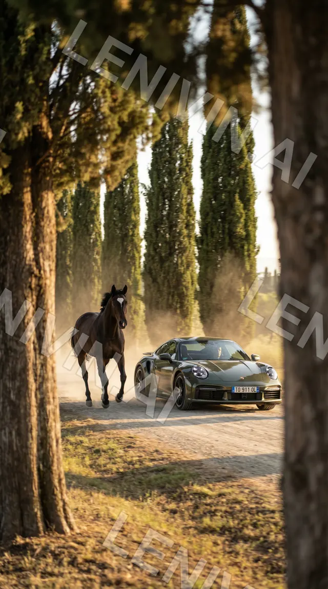 Конь скачет по аллее кипарисов, вдали Porsche, пыль