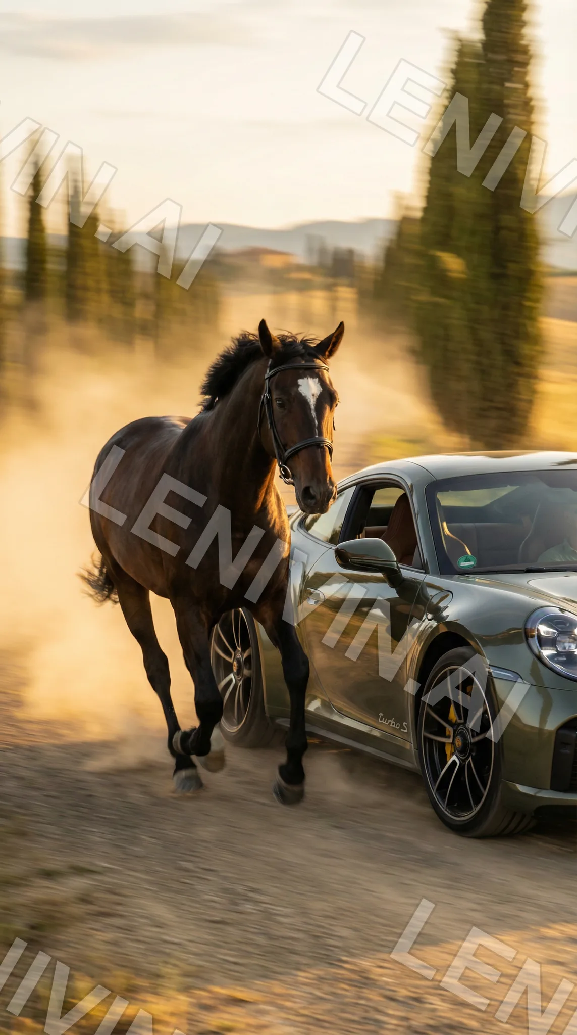 Гнедая лошадь скачет в клубах пыли рядом с зелёным Porsche, тосканские кипарисы и холмы на закате