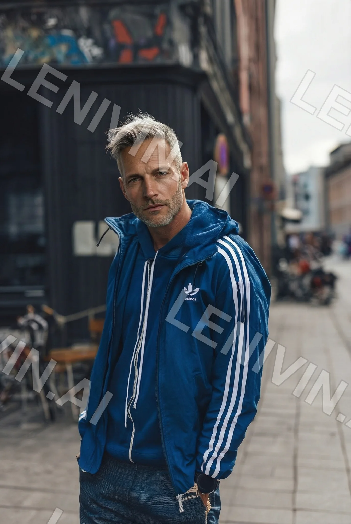 Седой мужчина в синей куртке Adidas с белыми полосками стоит на городской улице
