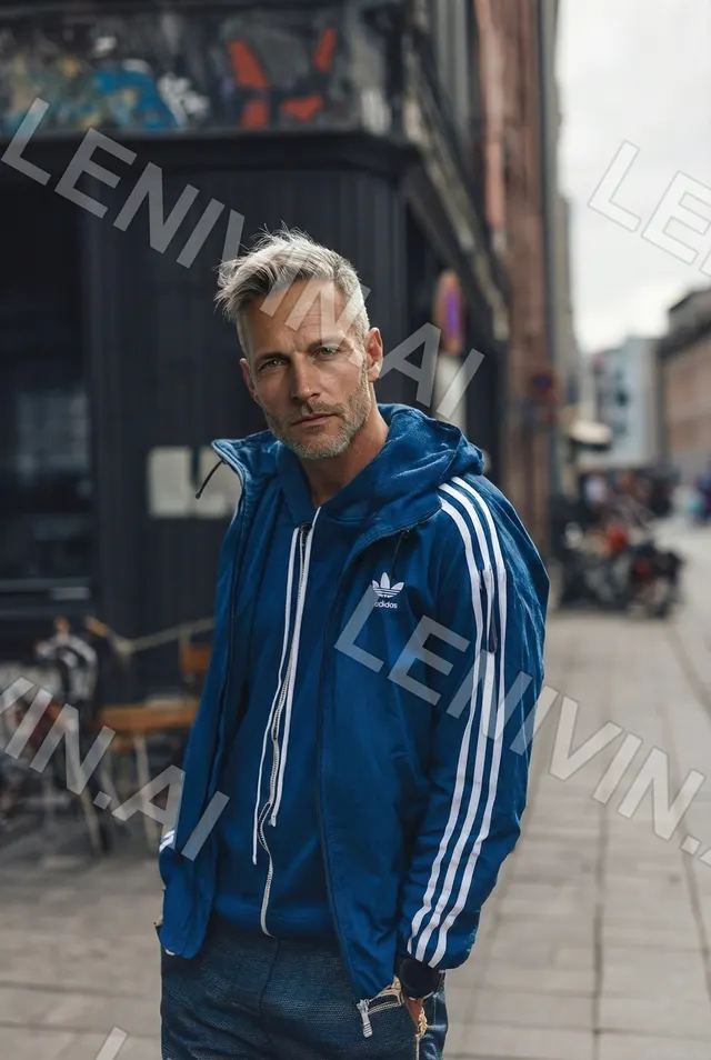 Седой мужчина в синей куртке Adidas с белыми полосками стоит на городской улице