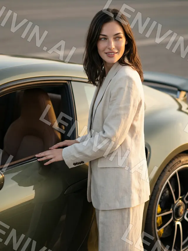 Девушка в льняном костюме у открытой двери оливкового Porsche, жёлтые суппорты колеса