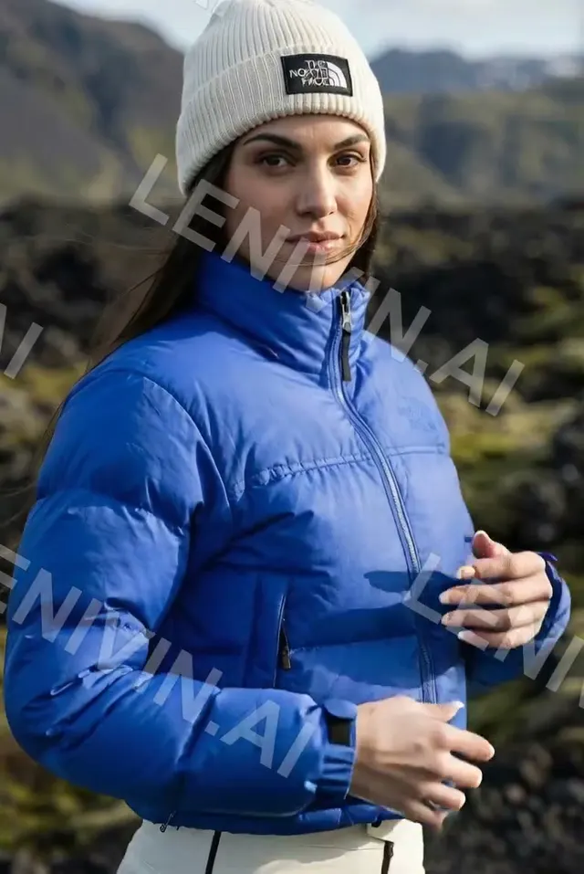 Ролик: девушка в синем пуховике и белой шапке The North Face на фоне гор и тёмной лавы