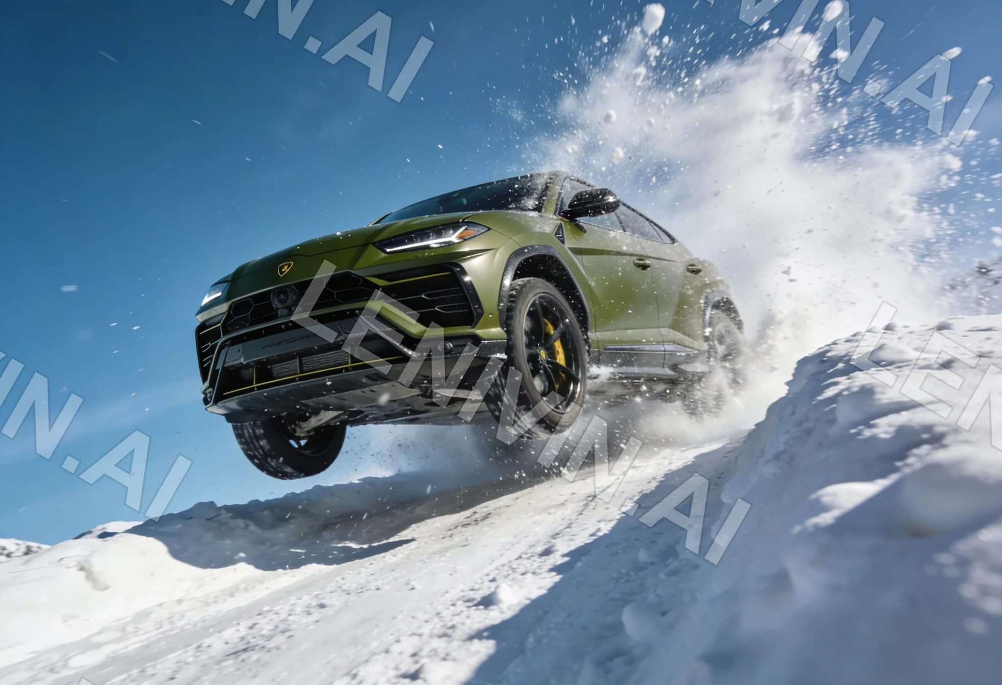 Зелёный Lamborghini Urus взлетает на снежном склоне, снежная пыль на фоне синего неба
