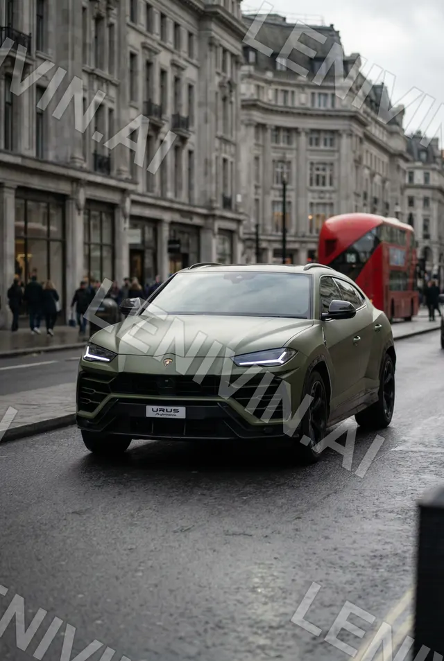 Оливковый Lamborghini Urus едет по лондонской улице, красный двухэтажный автобус позади
