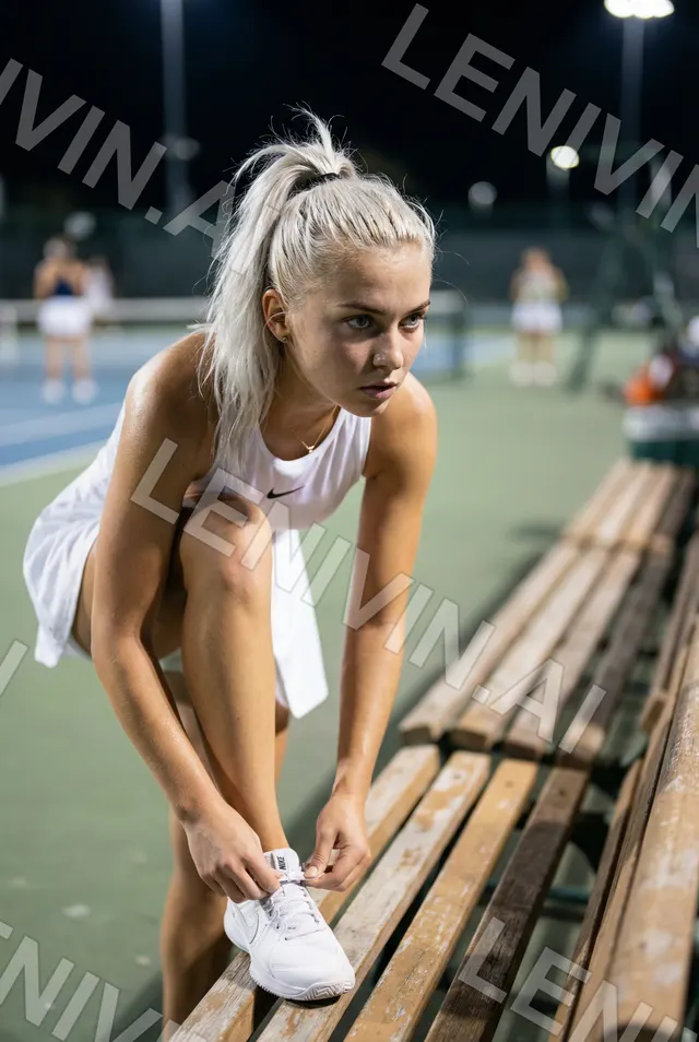 Блондинка в белой форме Nike завязывает шнурок кроссовка на скамье у теннисного корта вечером