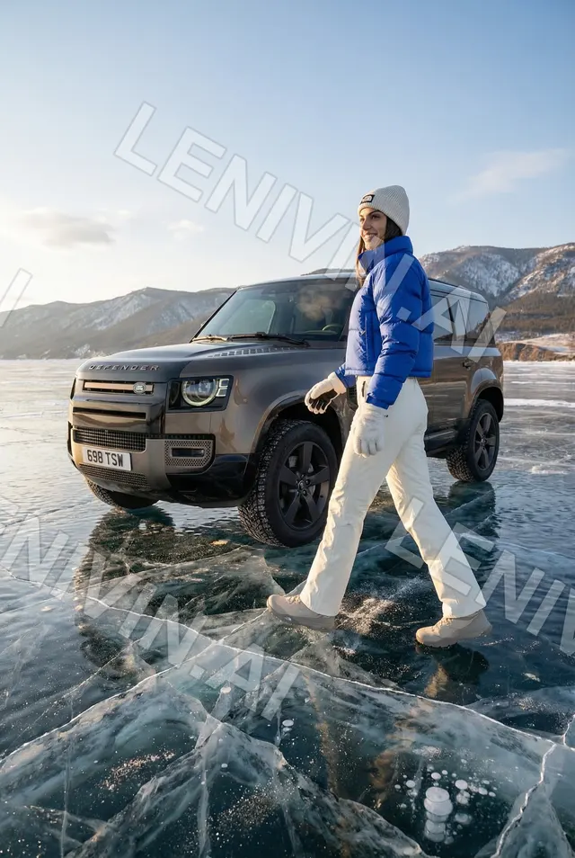 Девушка в синем пуховике идёт по льду Байкала у внедорожника Land Rover Defender