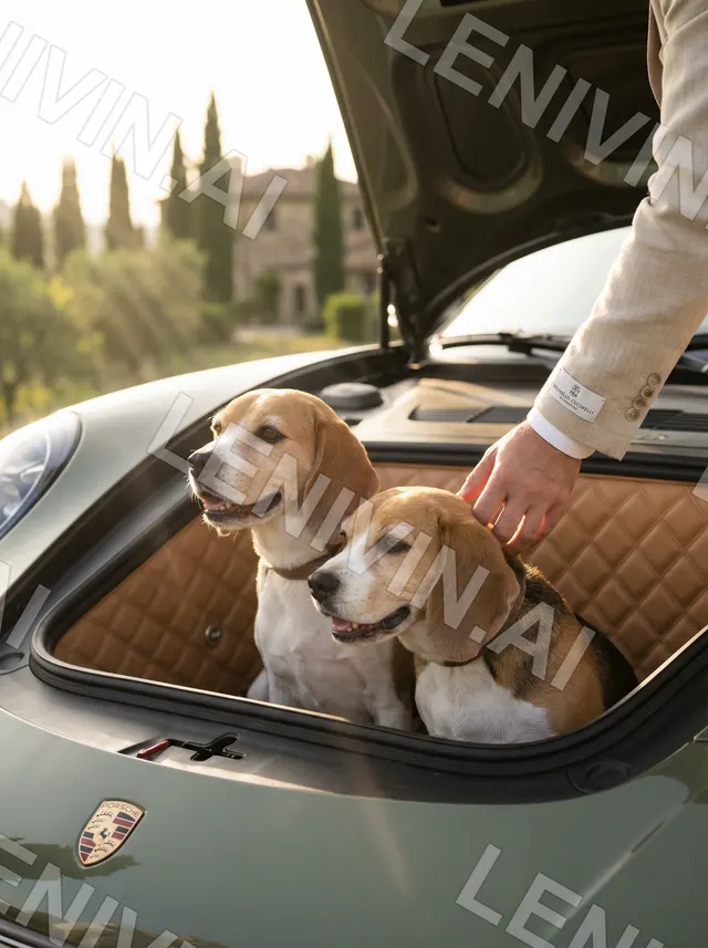 Бигли в багажнике Porsche, рука гладит собаку, холмы с кипарисами на фоне