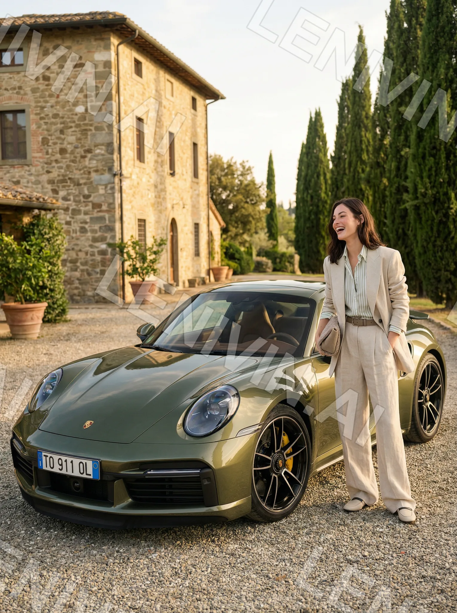 Смеющаяся женщина в бежевом костюме стоит у Porsche перед каменным домом с кипарисами