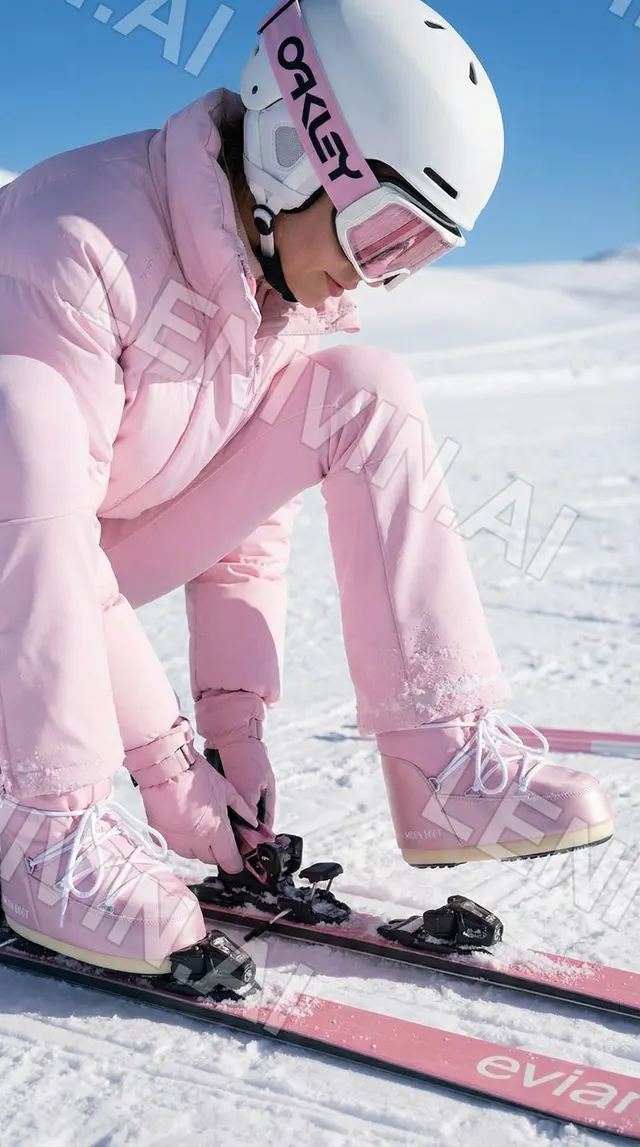 Лыжница в розовом комбинезоне и шлеме Oakley застёгивает крепление лыж evian на снегу. Автор — Оксана Рахманова