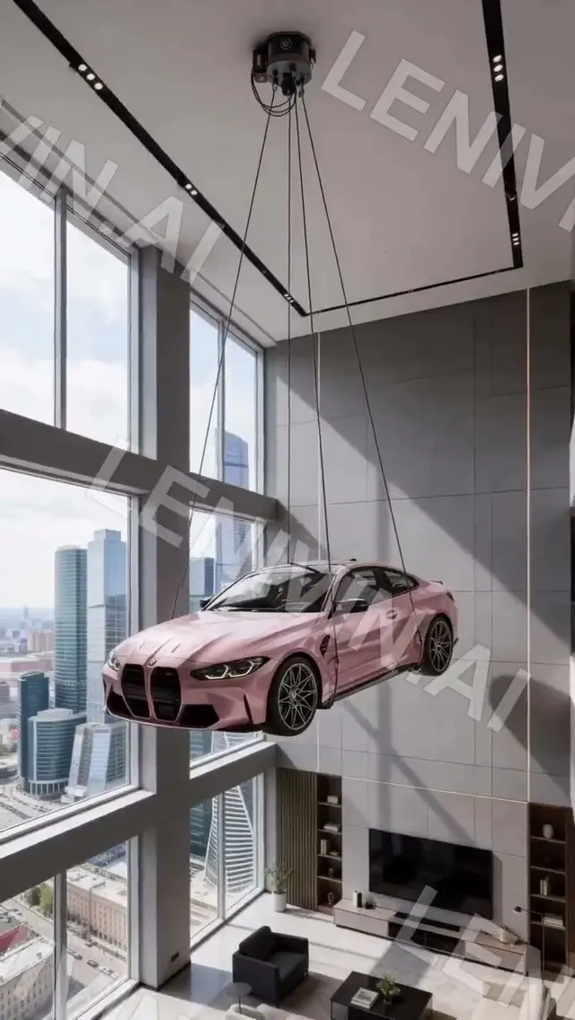 Ролик: розовый BMW подвешен на тросах в гостиной с панорамными окнами и видом на небоскрёбы