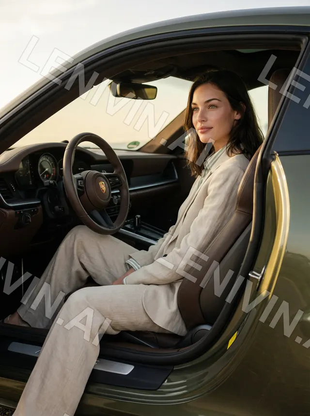 Брюнетка в светлом льняном костюме сидит в салоне оливкового Porsche с открытой дверью