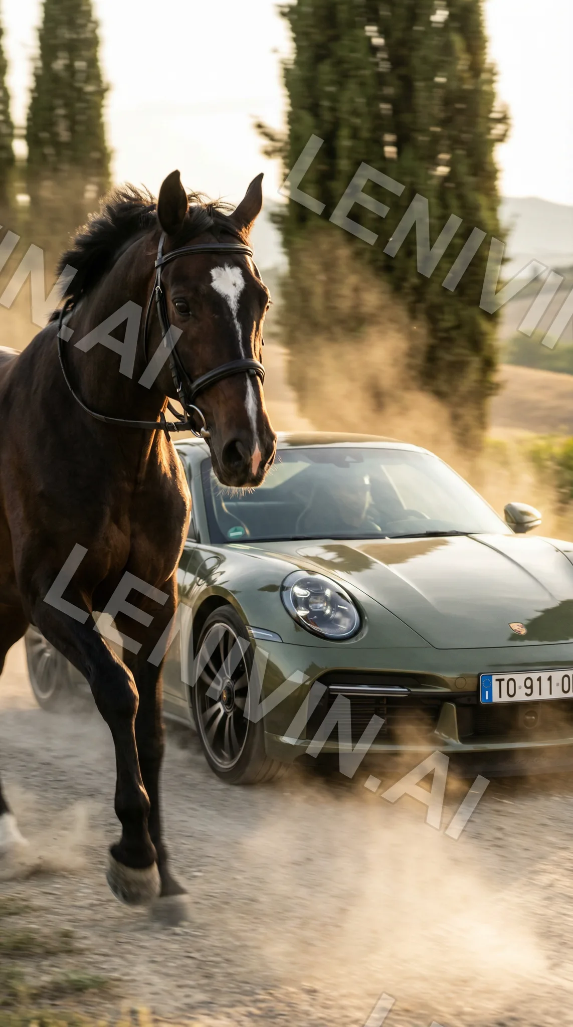 Гнедая лошадь выбегает из облака пыли рядом с зелёным Porsche на дороге с кипарисами