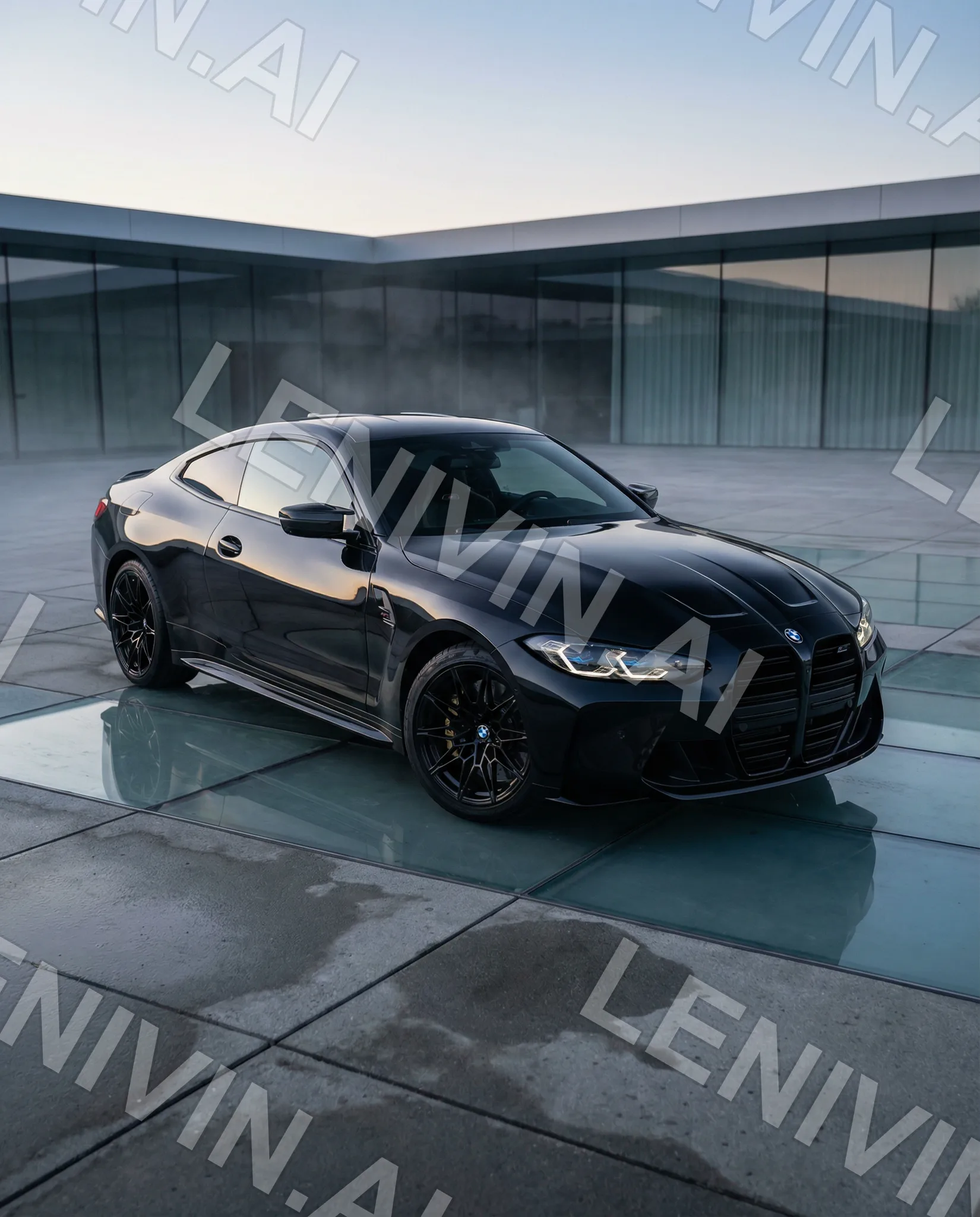 Чёрное спортивное купе BMW стоит на мокром бетоне у стеклянного павильона, облачное небо