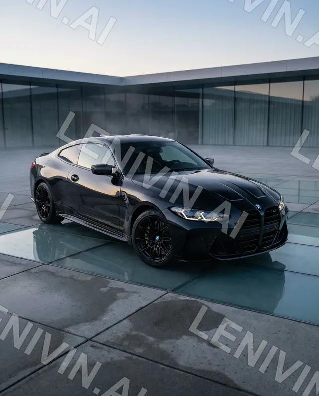 Чёрное спортивное купе BMW стоит на мокром бетоне у стеклянного павильона, облачное небо