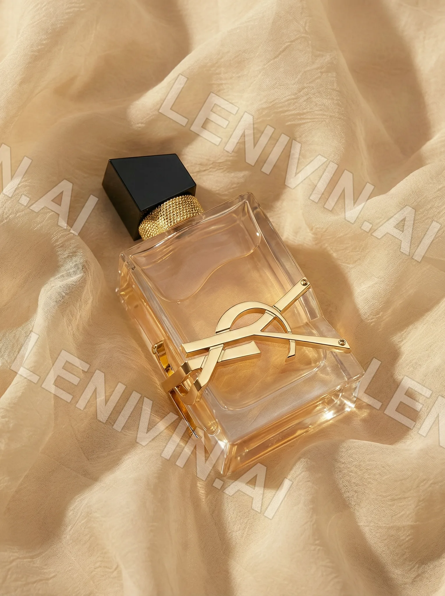 Флакон парфюма YSL Libre на мятой кремовой ткани, золотой логотип