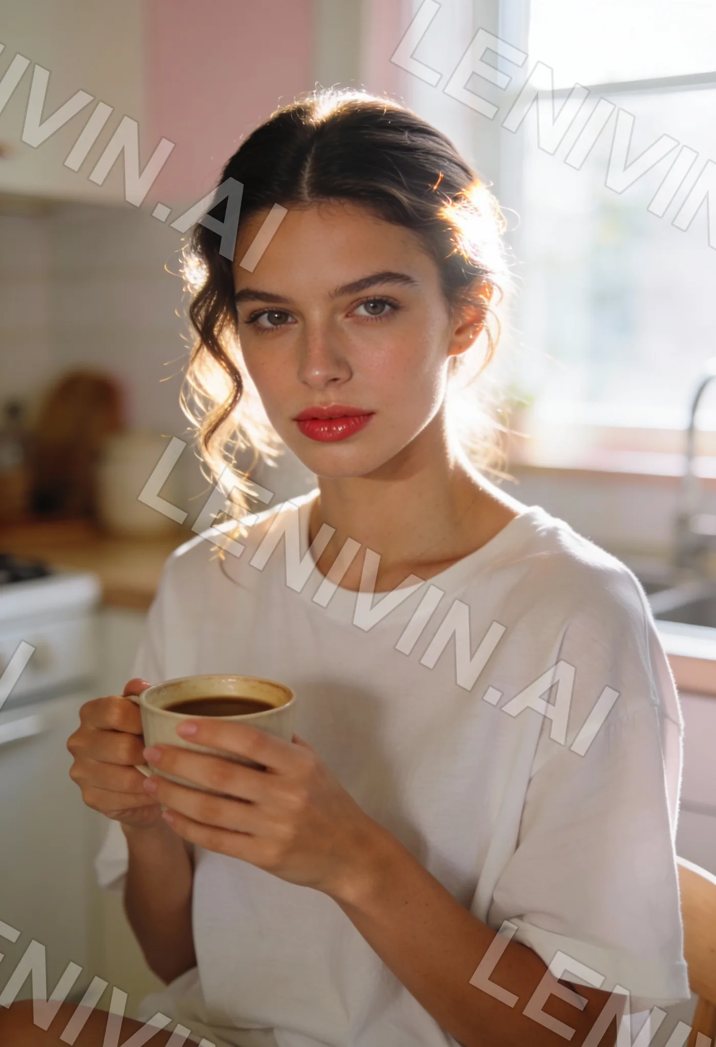 Брюнетка в белой футболке держит чашку кофе на светлой кухне, красная помада