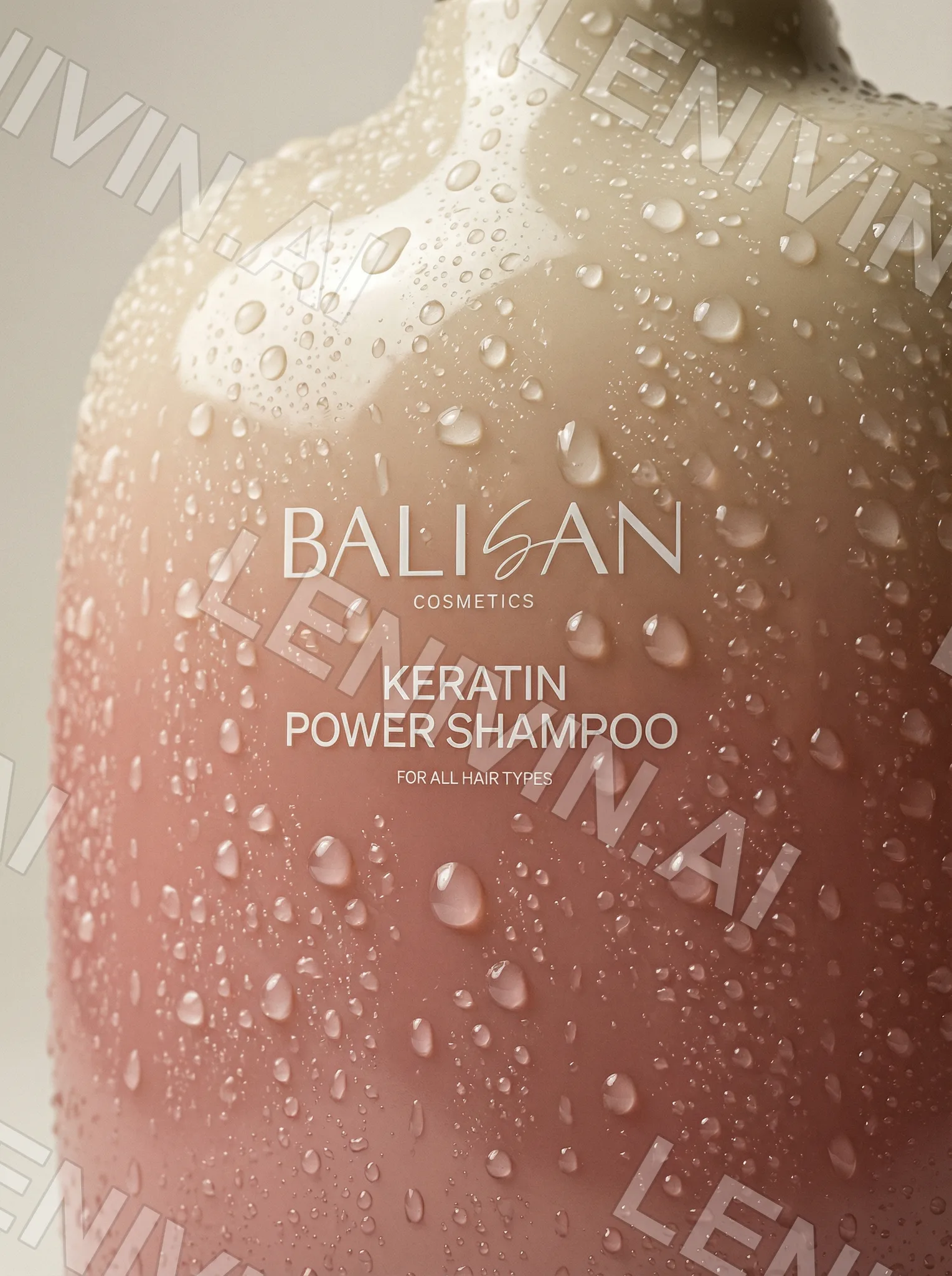 Макро флакона Balisan Keratin Power Shampoo, капли воды на розово-бежевой поверхности