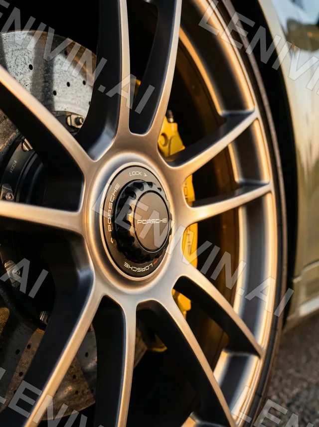 Колесо Porsche с золотистыми спицами и жёлтым суппортом, центральный замок крупным планом
