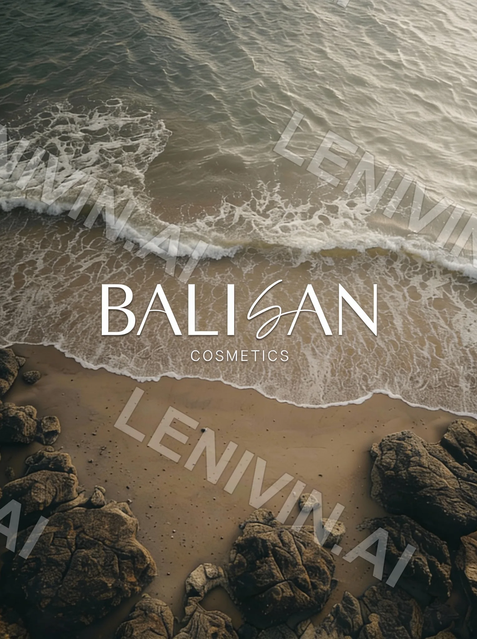 Обложка Balisan Cosmetics: надпись на морском берегу с камнями, вид сверху