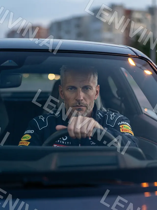 Мужчина в гоночном комбинезоне Red Bull за рулём, вид через лобовое стекло машины