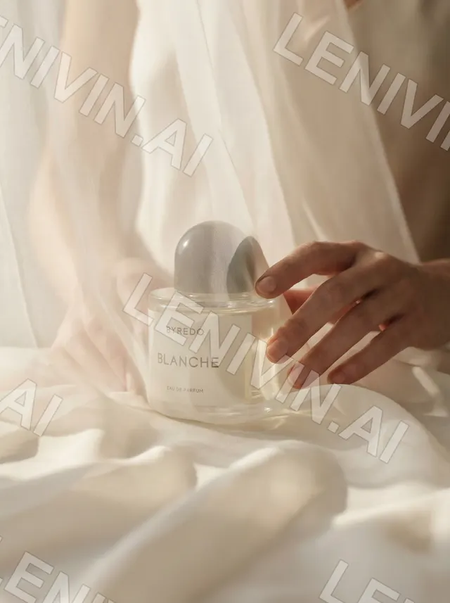 Рука касается флакона Byredo Blanche на складках белой ткани