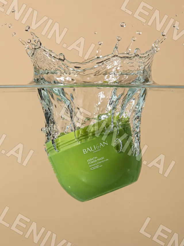 Зелёная банка Balisan Power Mask падает в воду, взметнулся всплеск на песочном фоне