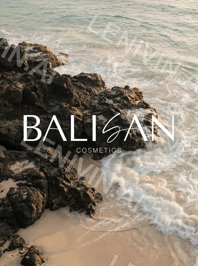 Логотип BALISAN Cosmetics белыми буквами на фоне прибоя и тёмных скал