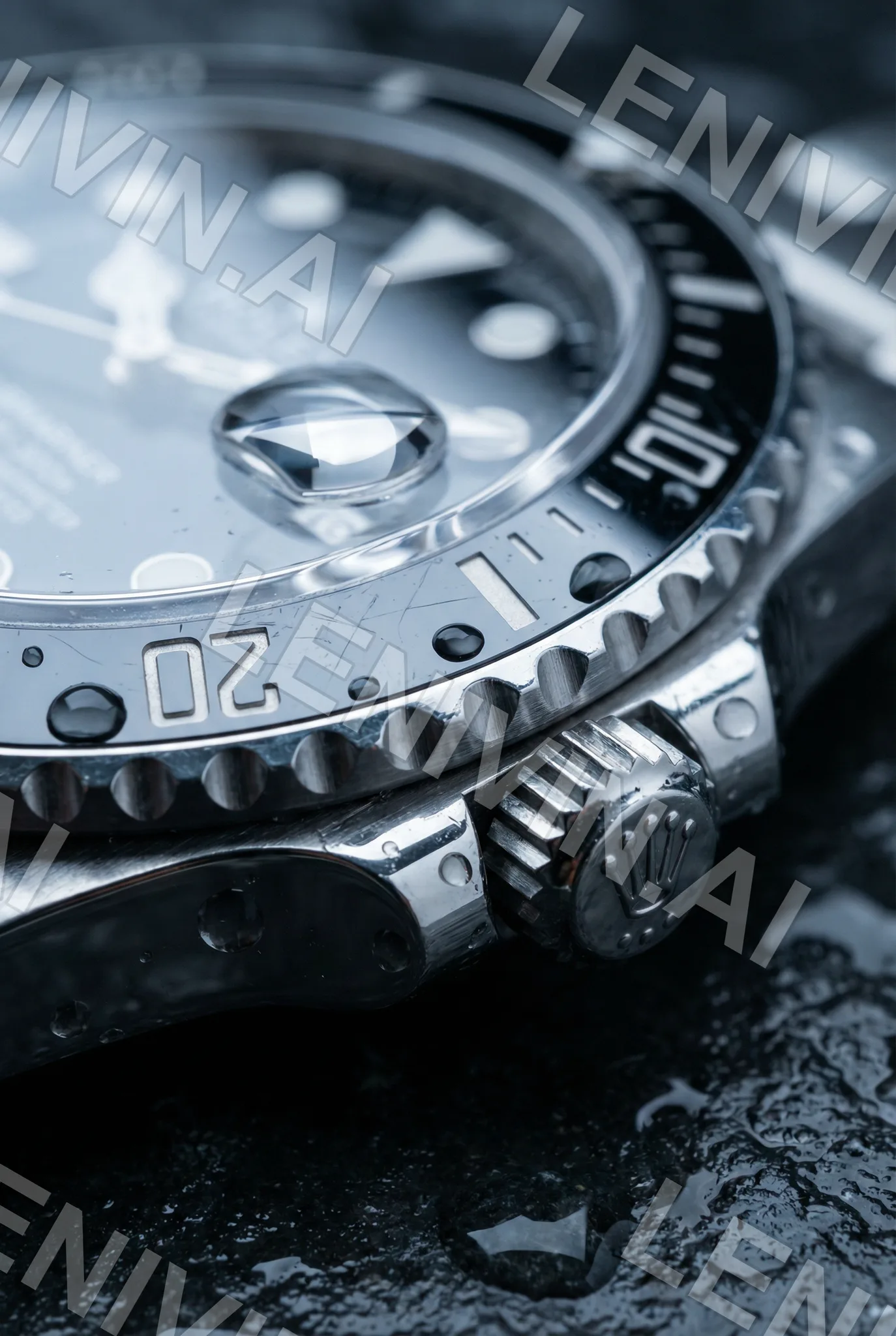 Крупный план стальных часов Rolex Submariner с каплями воды на мокрой тёмной поверхности