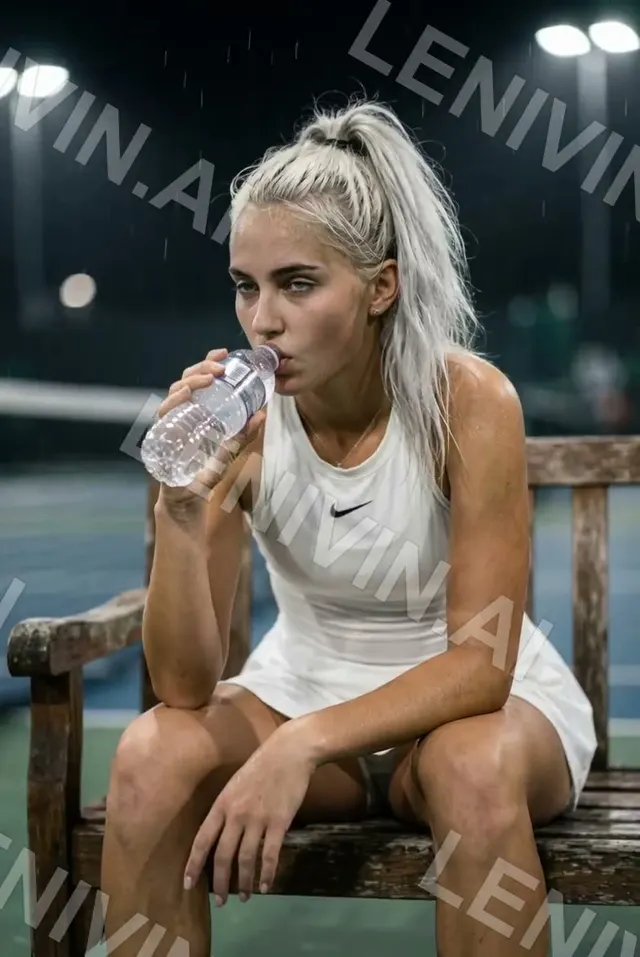 Ролик: блондинка с высоким хвостом в белой майке Nike пьёт воду на скамейке теннисного корта