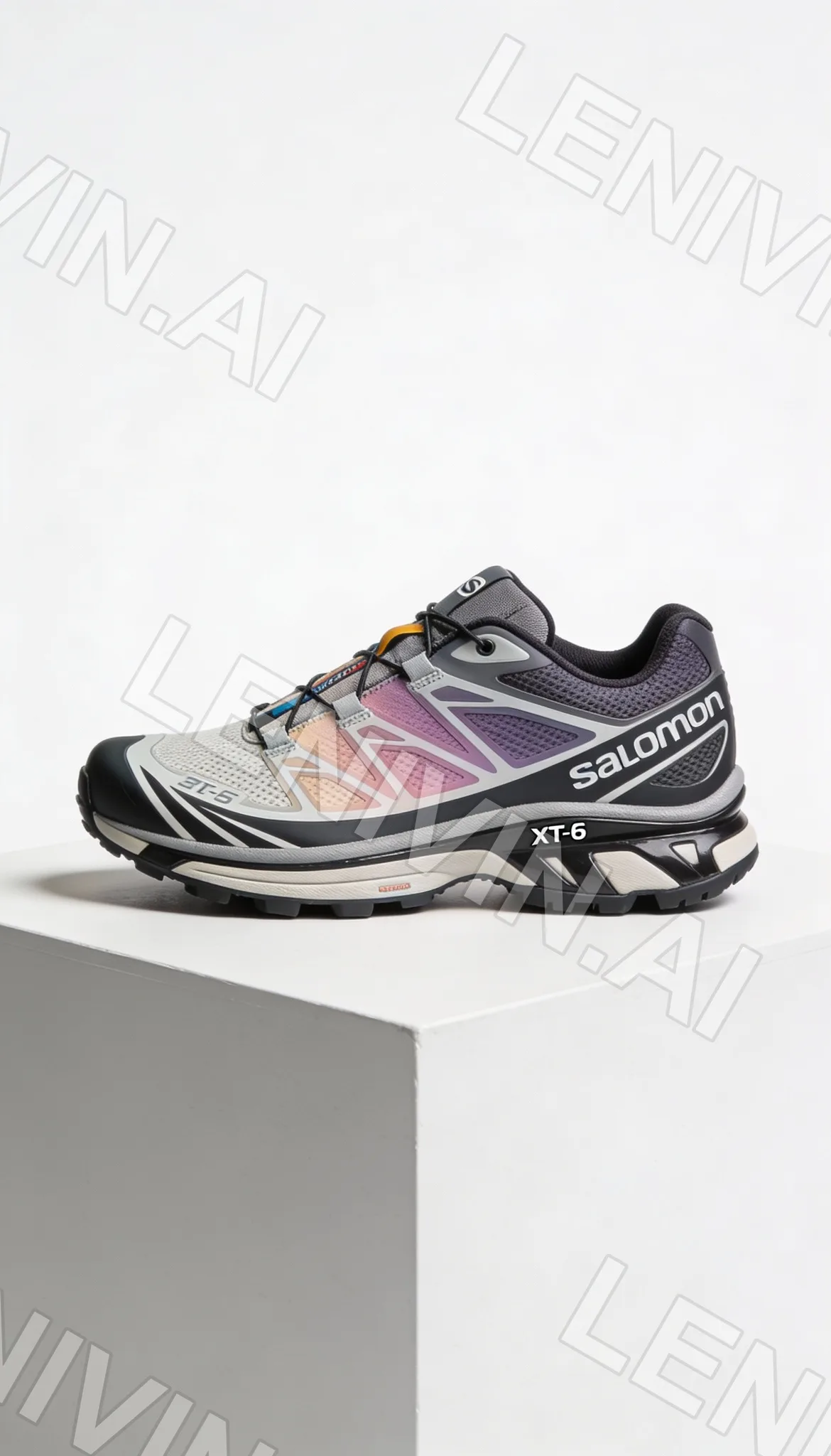 Кроссовки Salomon XT-6 с розово-фиолетовым градиентом на белом кубе