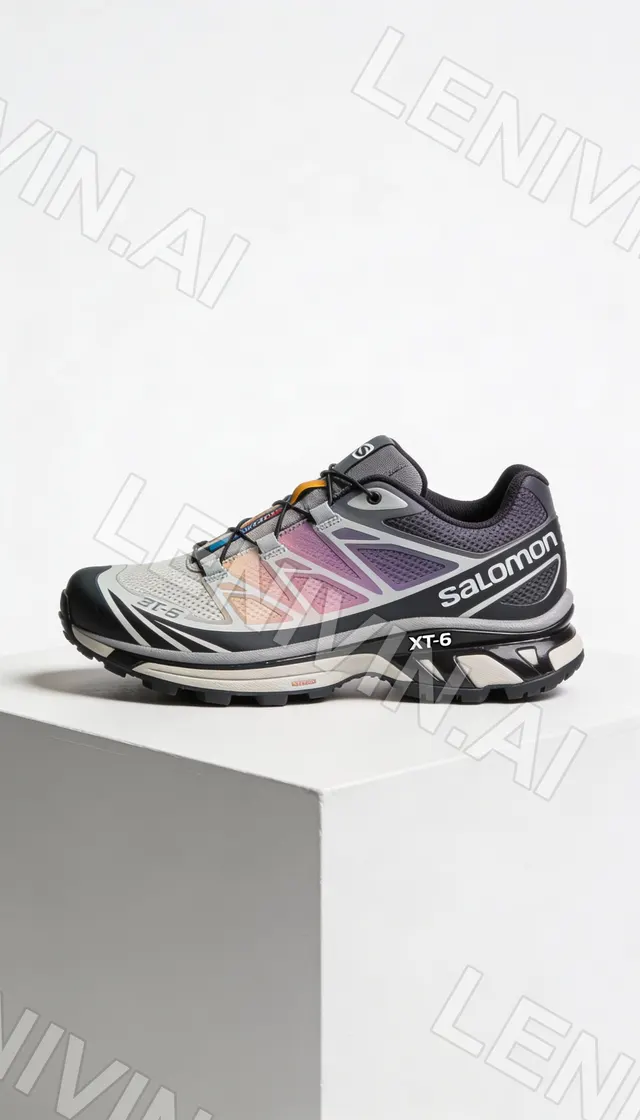Кроссовки Salomon XT-6 с розово-фиолетовым градиентом на белом кубе