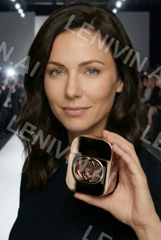 Ролик: женщина с тёмными волосами показывает круглый золотистый флакон Gucci, размытый подиум за спиной