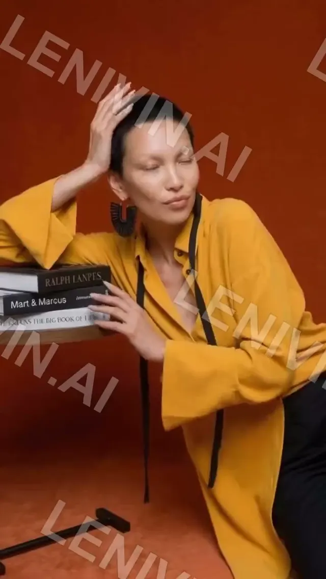 Ролик: женщина в жёлтой блузе опирается на стопку книг на оранжевом фоне, закрыв глаза