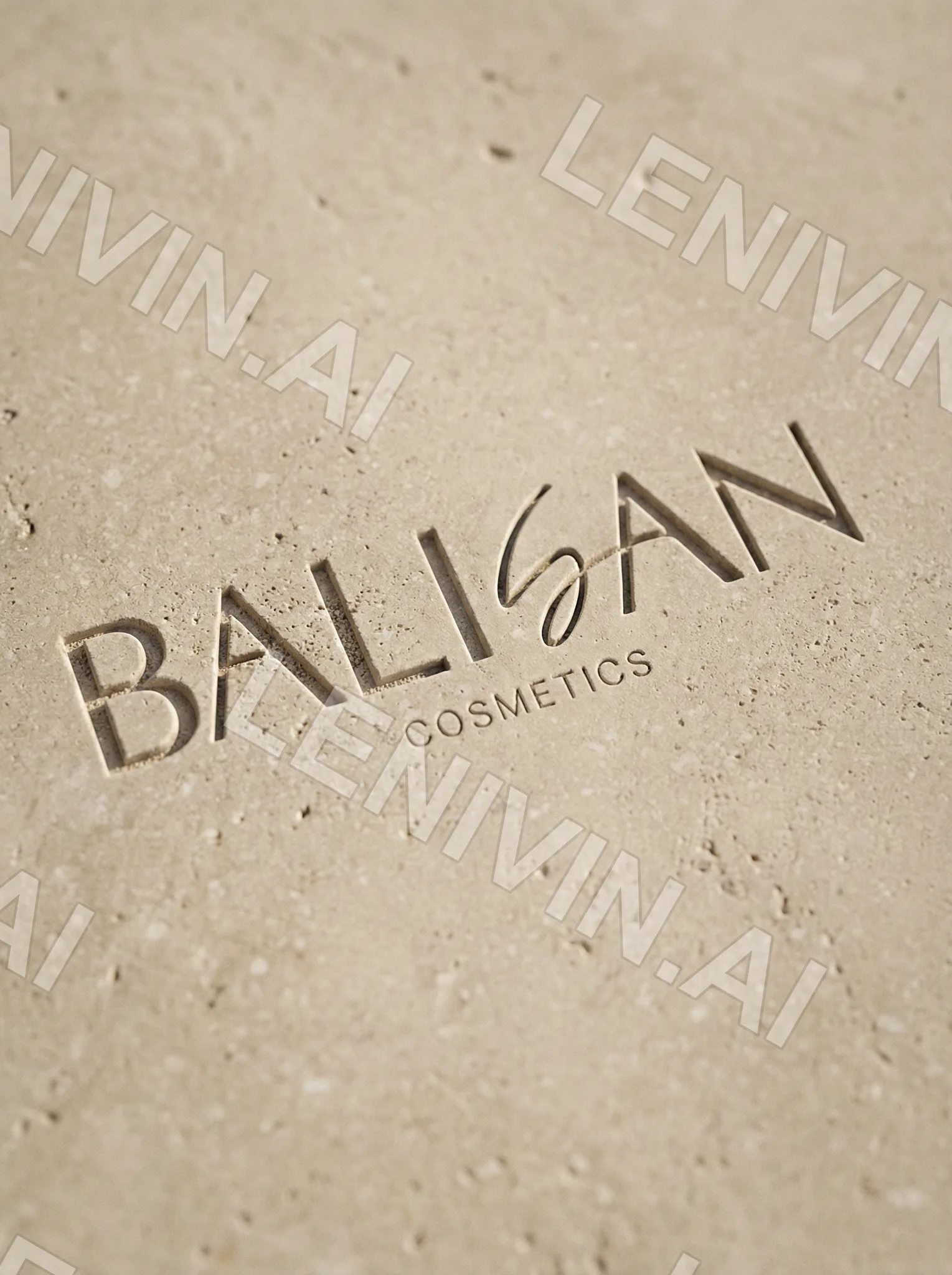 Логотип BALISAN Cosmetics вдавлен под углом в песочно-бежевую поверхность