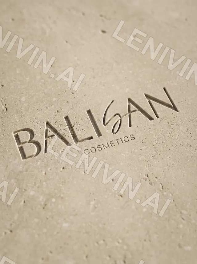 Логотип BALISAN Cosmetics вдавлен под углом в песочно-бежевую поверхность