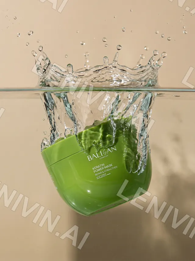 Зелёная банка Balisan Power Mask в воде, на поверхности всплеск, песочный фон