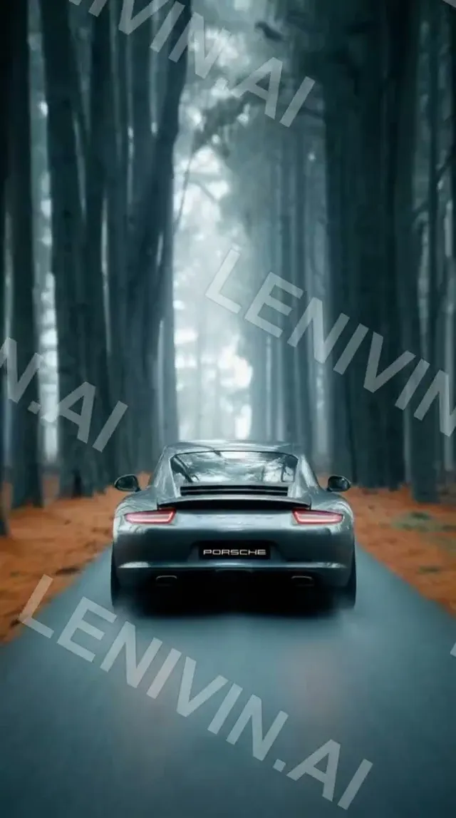 Ролик: тёмный Porsche едет по аллее высоких сосен в сине-зелёном тумане