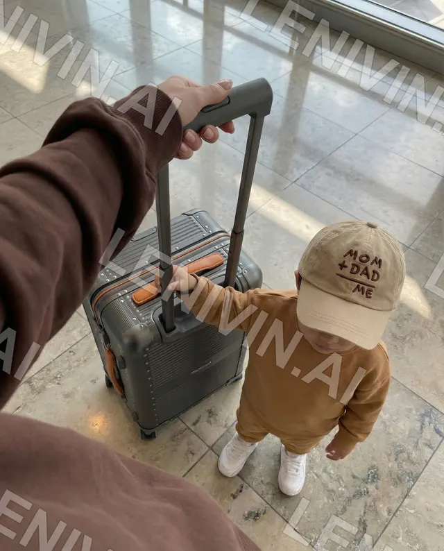 Мужская рука и мальчик в кепке Mom Dad Me держатся за ручку серого чемодана в аэропорту