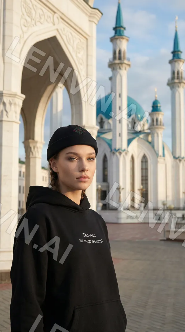 Девушка в чёрной шапке и худи на фоне арки и мечети Кул-Шариф с бирюзовыми куполами