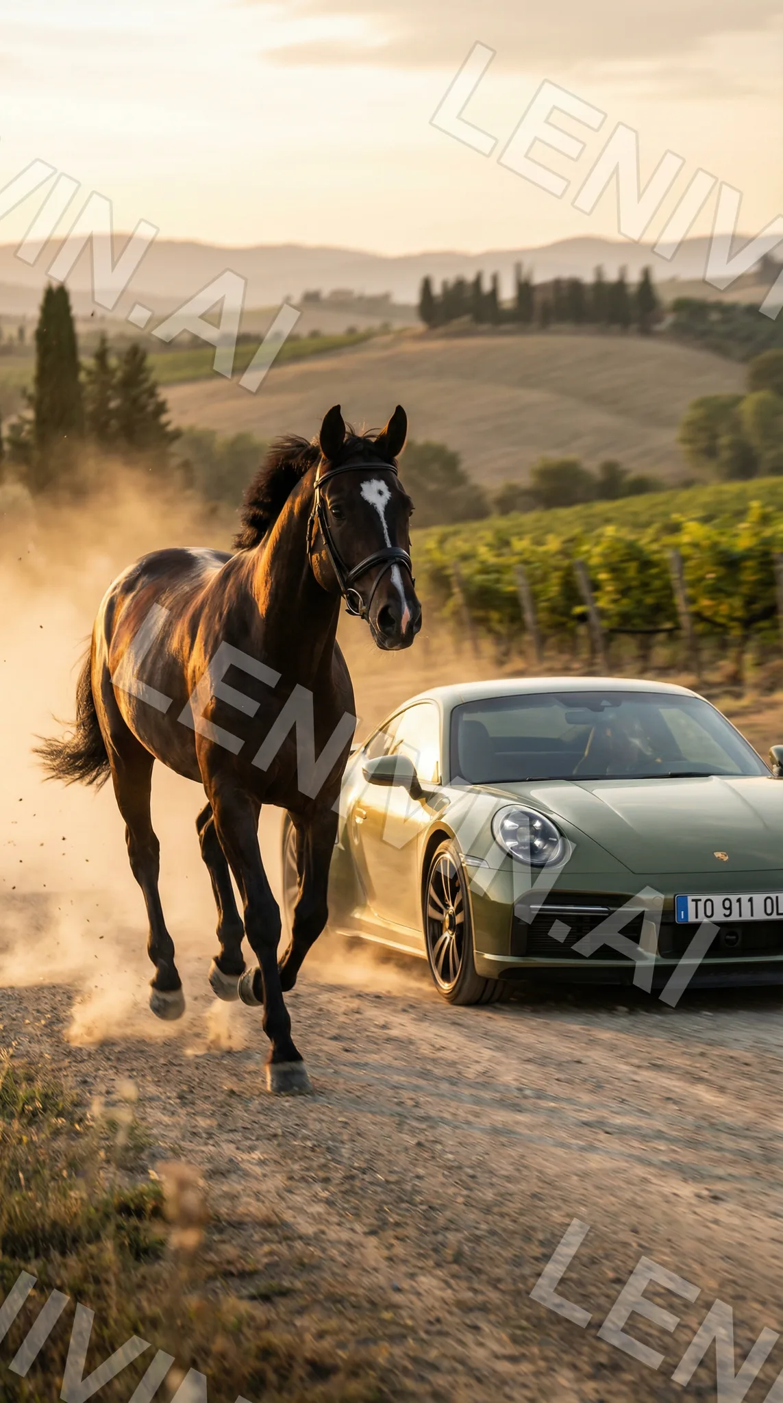 Гнедая лошадь скачет в пыли рядом с оливковым Porsche, холмы и виноградники