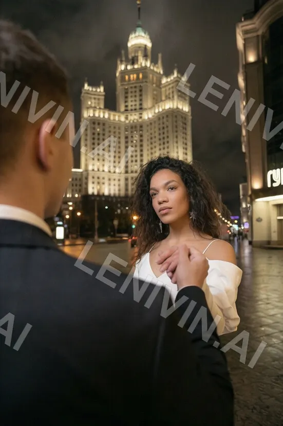 Девушка в белом платье стоит перед мужчиной в тёмном костюме на фоне подсвеченной высотки ночью