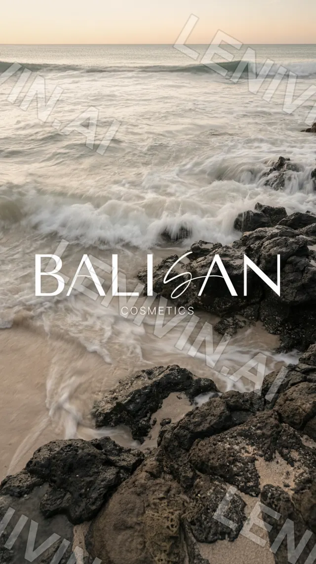 Логотип BALISAN Cosmetics белым на фоне прибоя и чёрных камней, рассвет