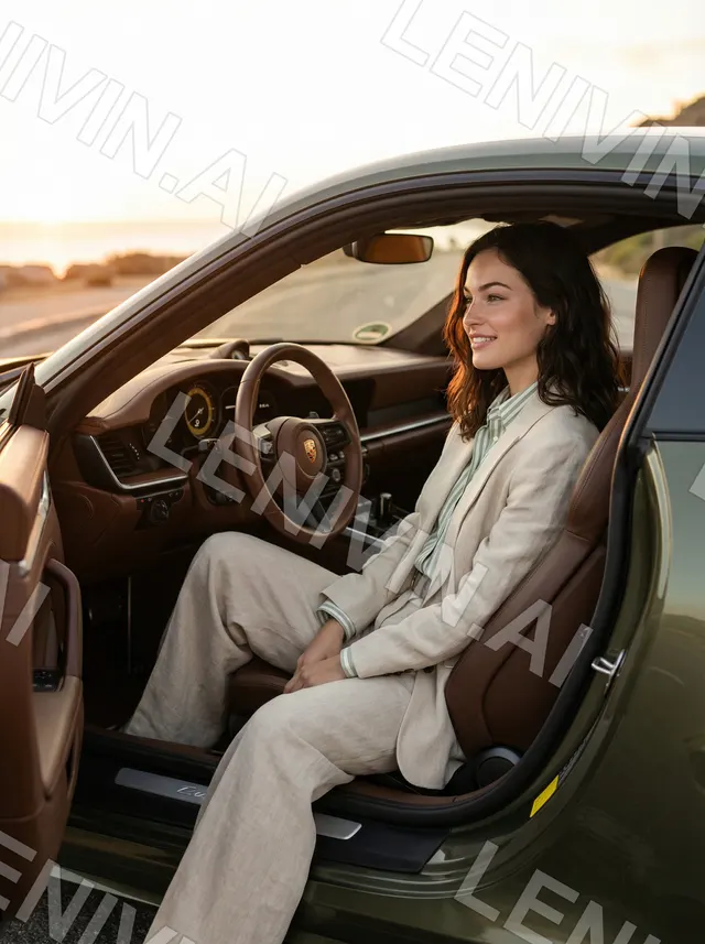 Женщина в светлом костюме сидит в салоне зелёного Porsche с открытой дверью
