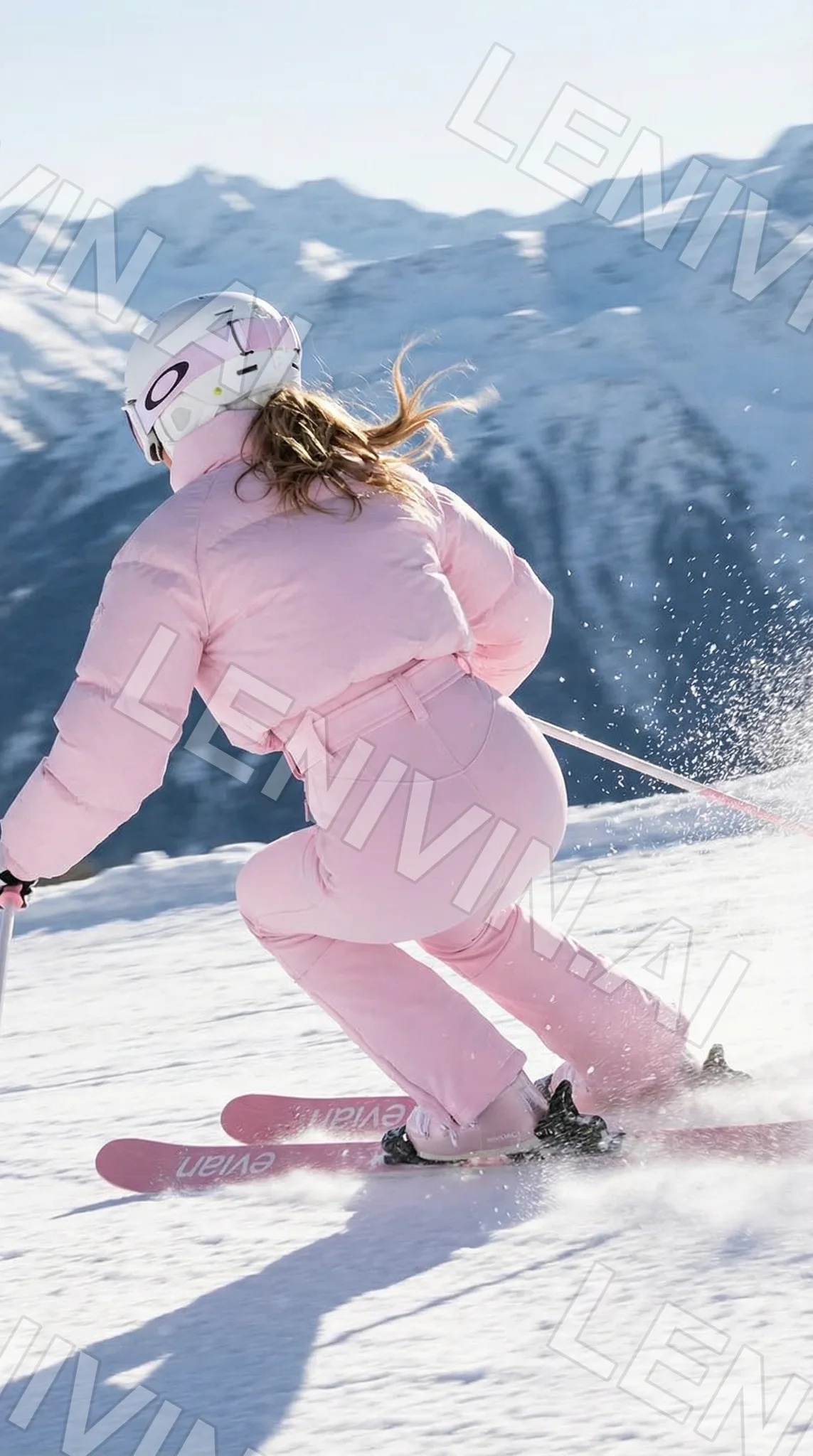 Лыжница в розовом комбинезоне и шлеме Oakley на скоростном спуске, брызги снега, горы